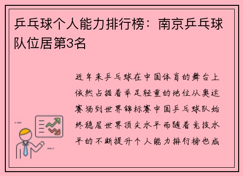 乒乓球个人能力排行榜：南京乒乓球队位居第3名