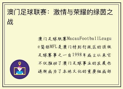 澳门足球联赛：激情与荣耀的绿茵之战