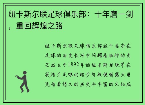 纽卡斯尔联足球俱乐部：十年磨一剑，重回辉煌之路